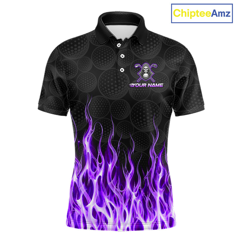 Front view of custom Purple Flame Reaper golf polo shirt