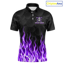 Load image into Gallery viewer, Front view of custom Purple Flame Reaper golf polo shirt