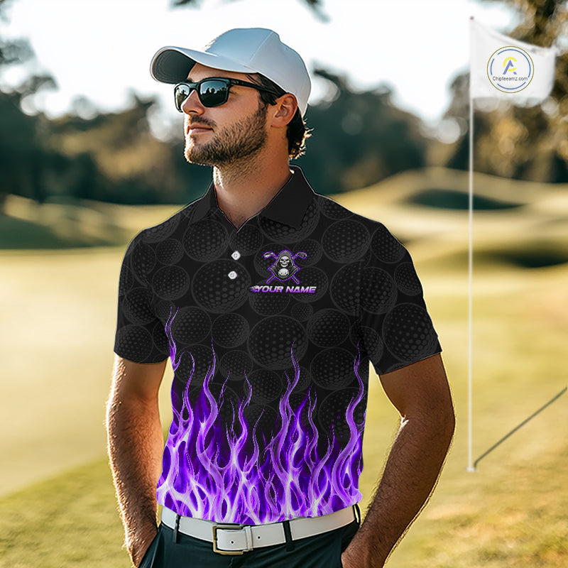 Golfer wearing custom Purple Flame Reaper golf polo shirt on the course