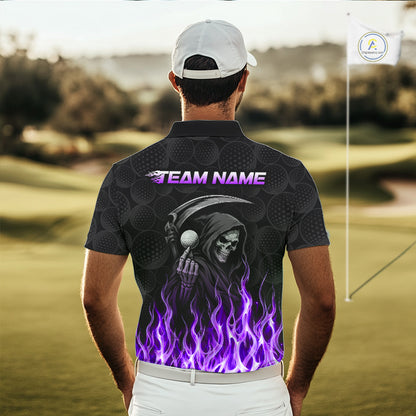Golfer wearing custom Purple Flame Reaper golf polo shirt on the course