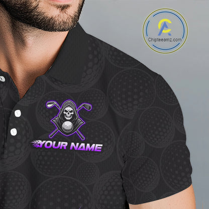 Close-up fabric of Purple Flame Reaper golf polo shirt with personalized name on the chest