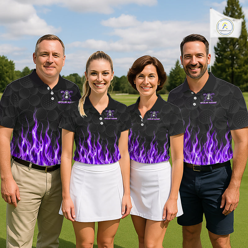 Mixed golf team wearing matching Purple Flame Reaper custom name golf polo shirts