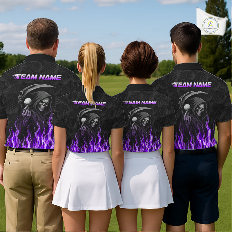 Four people wearing matching golf shirts with a grim reaper design on a golf course.