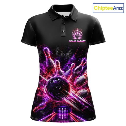 Front view of Custom Funny Cat Bowling Shirt For Men Neon Pink Bowling Jersey Polo Shirt