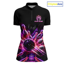 Load image into Gallery viewer, Front view of Custom Funny Cat Bowling Shirt For Men Neon Pink Bowling 1/4 Quarter Zip Shirt with personalized name