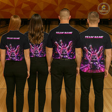 Load image into Gallery viewer, Bowling team wearing matching Custom Funny Cat Bowling Shirt for Men Neon Pink Bowling Jersey Polo with personalized name - back view