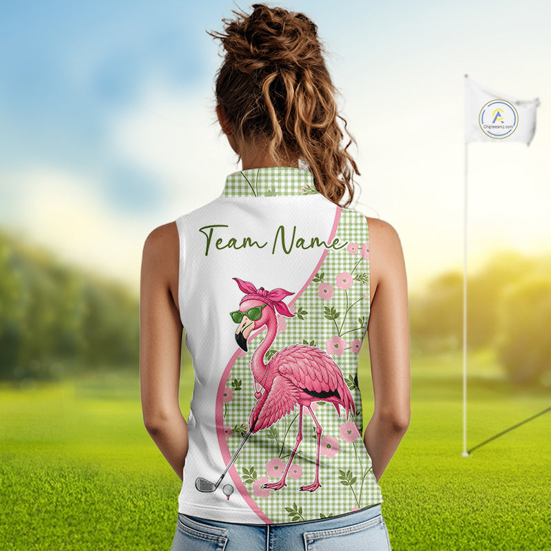 Funny Pink Flamingo Plaid Pattern Womens Sleeveless Golf Polo Shirts, Personalized Golf Gifts NBT792