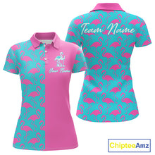Load image into Gallery viewer, Front and back view of women’s golf polo shirt with pink and blue flamingos pattern and personalized name