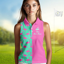 Load image into Gallery viewer, Woman wearing a pink and green flamingo pattern sleeveless golf polo shirt with custom name on the chest