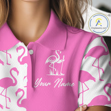 Load image into Gallery viewer, Close-up of pink and white flamingos pattern on women’s golf polo shirt