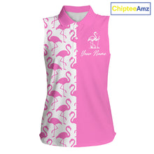 Load image into Gallery viewer, Front view of women’s sleeveless golf polo shirt with pink and white flamingos pattern