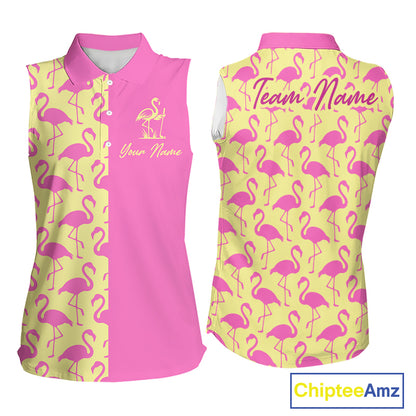 Front and back view of women’s sleeveless golf polo shirt with pink and yellow flamingos pattern and personalized name