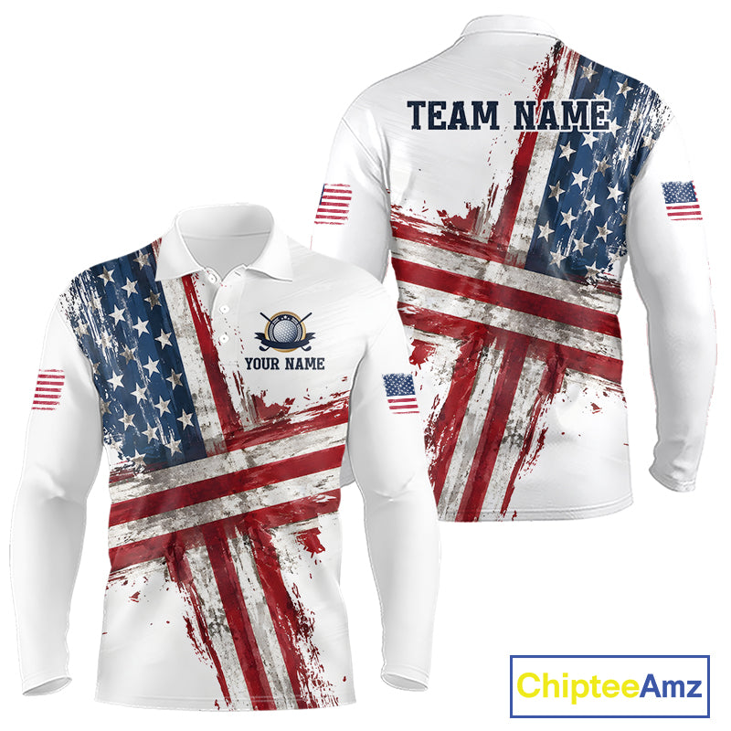 Custom US Golf Polo Shirt American Flag White Golf Shirts For Men, Patriotic Golf Shirt NBT701