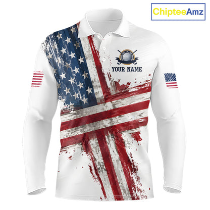 Custom US Golf Polo Shirt American Flag White Golf Shirts For Men, Patriotic Golf Shirt NBT701