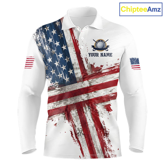 Custom US Golf Polo Shirt American Flag White Golf Shirts For Men, Patriotic Golf Shirt NBT701