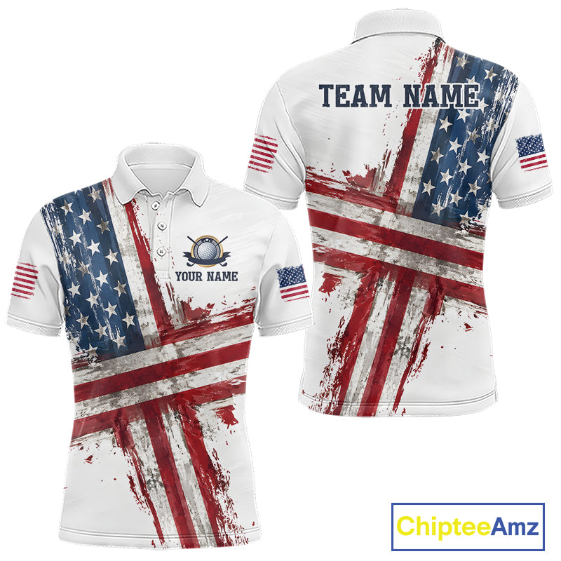 Custom US Golf Polo Shirt American Flag White Golf Shirts For Men, Patriotic Golf Shirt NBT701