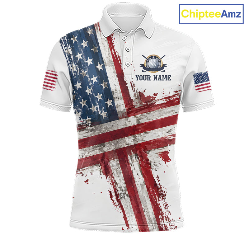 Custom US Golf Polo Shirt American Flag White Golf Shirts For Men, Patriotic Golf Shirt NBT701