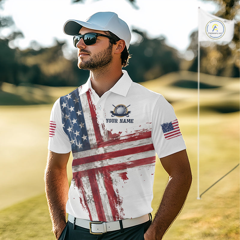Custom US Golf Polo Shirt American Flag White Golf Shirts For Men, Patriotic Golf Shirt NBT701