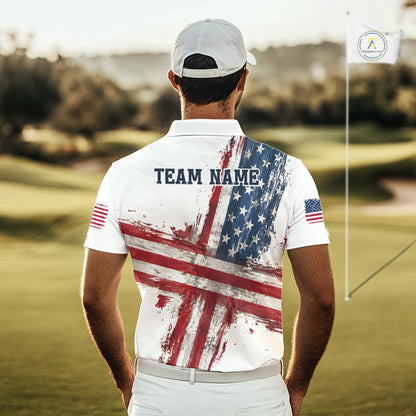 Custom US Golf Polo Shirt American Flag White Golf Shirts For Men, Patriotic Golf Shirt NBT701