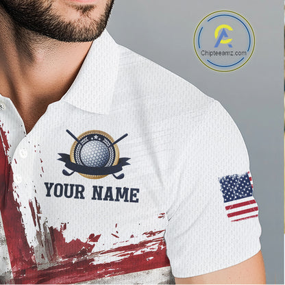 Custom US Golf Polo Shirt American Flag White Golf Shirts For Men, Patriotic Golf Shirt NBT701