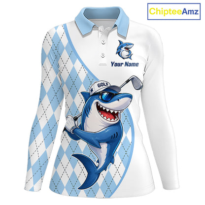 Funny Womens Golf Polo Shirt Argyle Pattern Custom Name Shark Playing Golf Shirt Golf Gifts NBT951