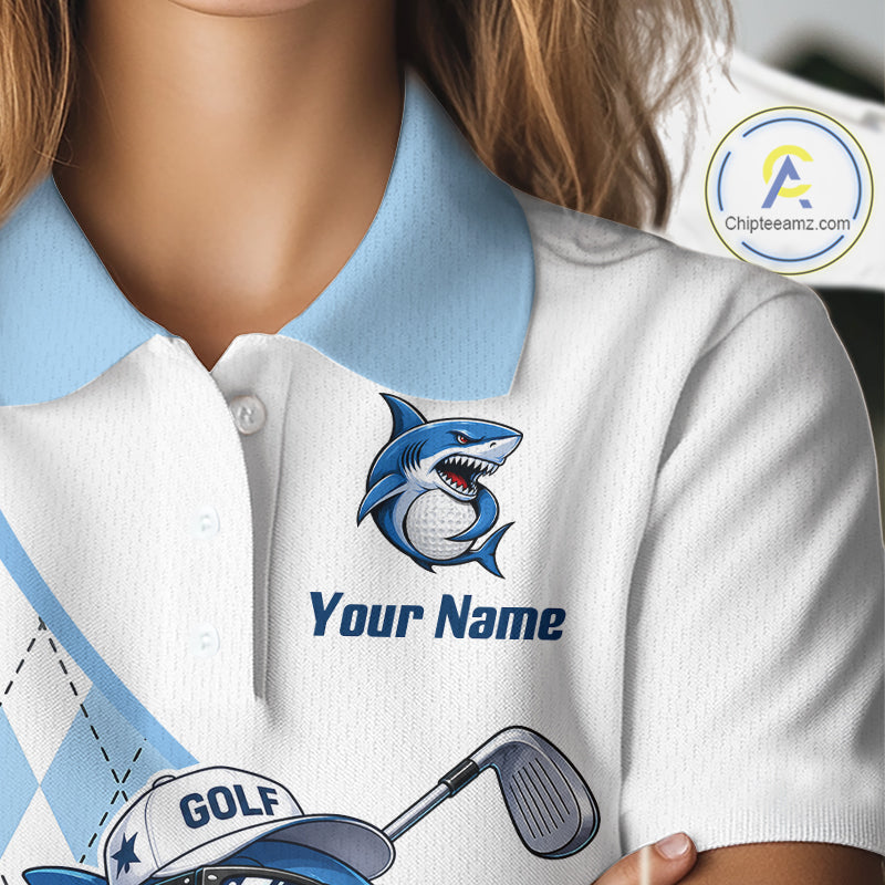 Funny Womens Golf Polo Shirt Argyle Pattern Custom Name Shark Playing Golf Shirt Golf Gifts NBT951