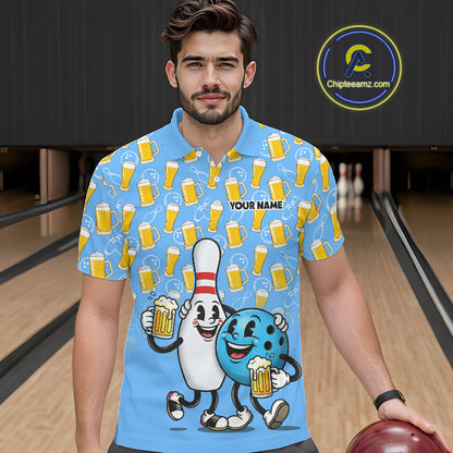 Funny Blue Beer Pattern Bowling Polo & 1/4 Quarter Zip Shirt Custom Bowling League Team Shirts NBT952