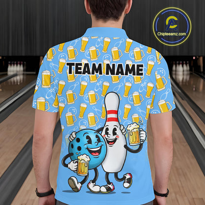 Funny Blue Beer Pattern Bowling Polo & 1/4 Quarter Zip Shirt Custom Bowling League Team Shirts NBT952