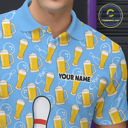 Funny Blue Beer Pattern Bowling Polo & 1/4 Quarter Zip Shirt Custom Bowling League Team Shirts NBT952