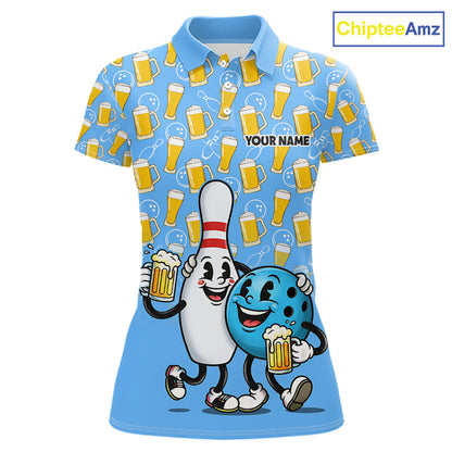 Funny Blue Beer Pattern Women Bowling Polo & 1/4 Quarter Zip Shirt Custom Bowling League Team Shirts NBT952
