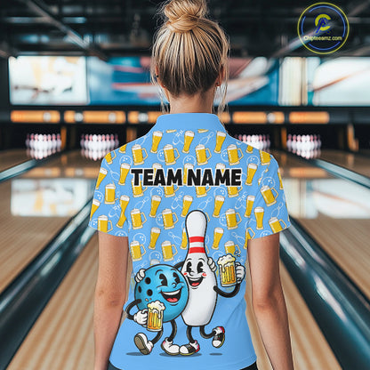 Funny Blue Beer Pattern Women Bowling Polo & 1/4 Quarter Zip Shirt Custom Bowling League Team Shirts NBT952