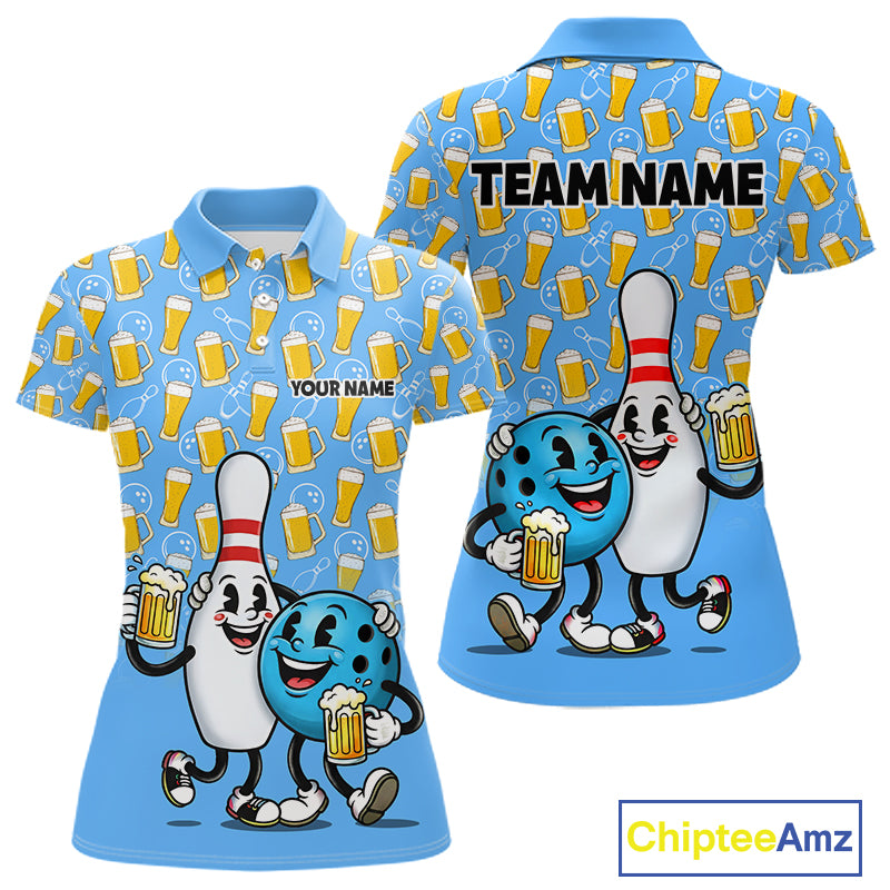 Funny Blue Beer Pattern Women Bowling Polo & 1/4 Quarter Zip Shirt Custom Bowling League Team Shirts NBT952