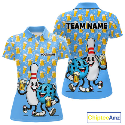 Funny Blue Beer Pattern Women Bowling Polo & 1/4 Quarter Zip Shirt Custom Bowling League Team Shirts NBT952
