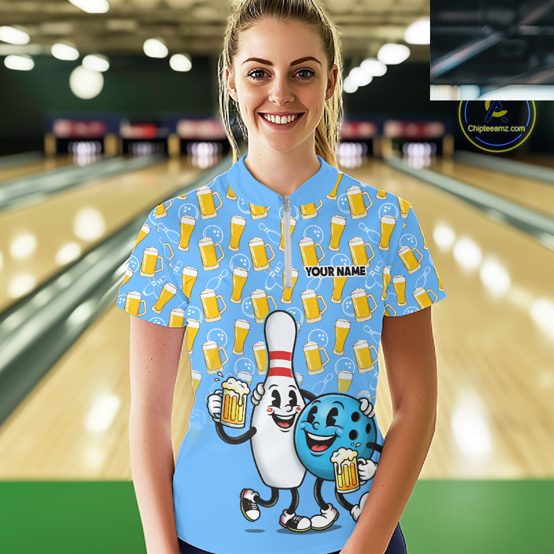 Funny Blue Beer Pattern Women Bowling Polo & 1/4 Quarter Zip Shirt Custom Bowling League Team Shirts NBT952