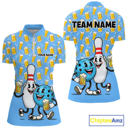 Funny Blue Beer Pattern Women Bowling Polo & 1/4 Quarter Zip Shirt Custom Bowling League Team Shirts NBT952