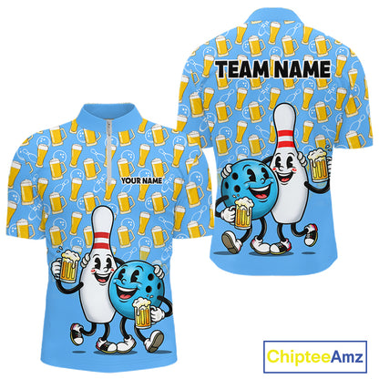 Funny Blue Beer Pattern Bowling Polo & 1/4 Quarter Zip Shirt Custom Bowling League Team Shirts NBT952