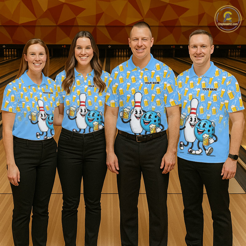 Funny Blue Beer Pattern Women Bowling Polo & 1/4 Quarter Zip Shirt Custom Bowling League Team Shirts NBT952