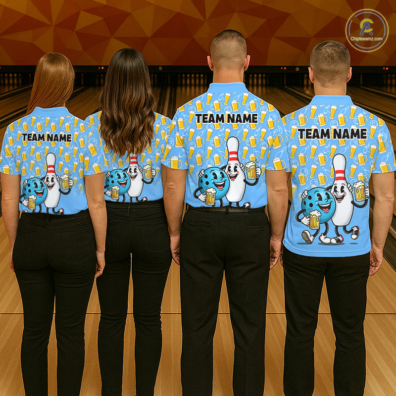 Funny Blue Beer Pattern Women Bowling Polo & 1/4 Quarter Zip Shirt Custom Bowling League Team Shirts NBT952