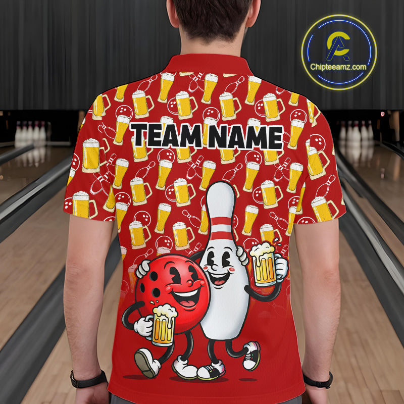 Funny Red Beer Pattern Bowling Polo & 1/4 Quarter Zip Shirt Custom Bowling League Team Shirts NBT953