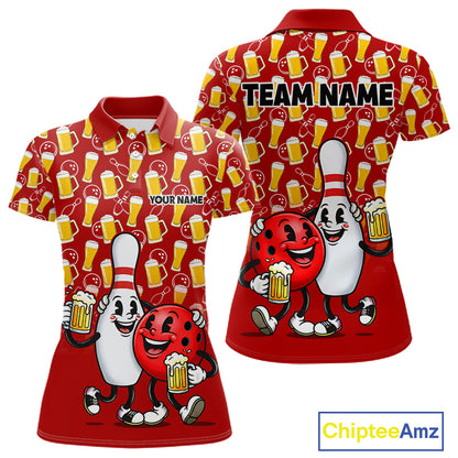 Funny Red Beer Pattern Women Bowling Polo & 1/4 Quarter Zip Shirt Custom Bowling League Team Shirts NBT953