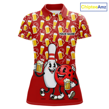 Funny Red Beer Pattern Women Bowling Polo & 1/4 Quarter Zip Shirt Custom Bowling League Team Shirts NBT953