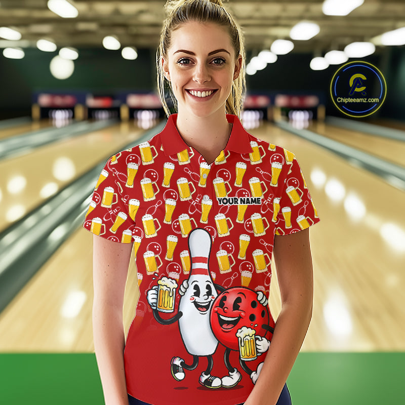 Funny Red Beer Pattern Women Bowling Polo & 1/4 Quarter Zip Shirt Custom Bowling League Team Shirts NBT953