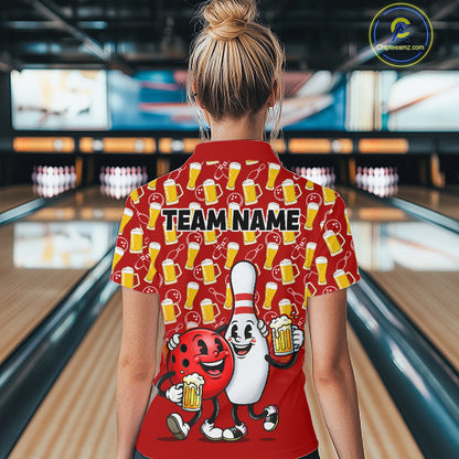 Funny Red Beer Pattern Women Bowling Polo & 1/4 Quarter Zip Shirt Custom Bowling League Team Shirts NBT953