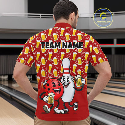 Funny Red Beer Pattern Bowling Polo & 1/4 Quarter Zip Shirt Custom Bowling League Team Shirts NBT953