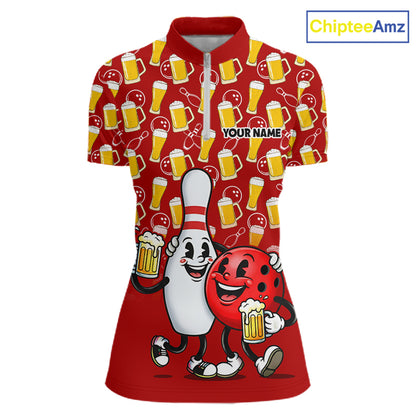 Funny Red Beer Pattern Women Bowling Polo & 1/4 Quarter Zip Shirt Custom Bowling League Team Shirts NBT953