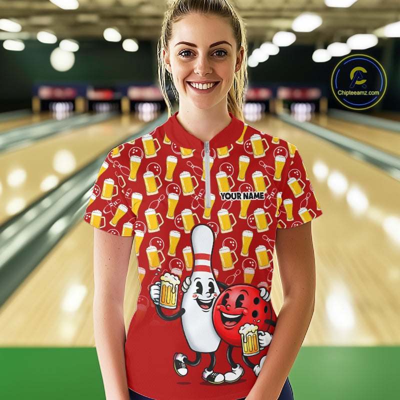Funny Red Beer Pattern Women Bowling Polo & 1/4 Quarter Zip Shirt Custom Bowling League Team Shirts NBT953