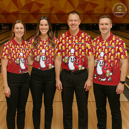 Funny Red Beer Pattern Women Bowling Polo & 1/4 Quarter Zip Shirt Custom Bowling League Team Shirts NBT953