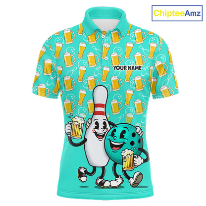 Funny Turquoise Beer Pattern Bowling Polo & 1/4 Quarter Zip Shirt Custom Bowling League Team Shirts NBT954
