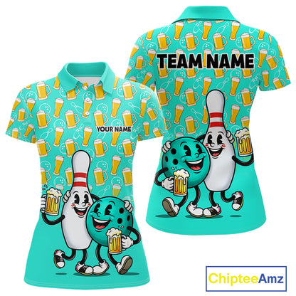 Funny Turquoise Beer Women Pattern Bowling Polo & 1/4 Quarter Zip Shirt Custom Bowling League Team Shirts NBT954