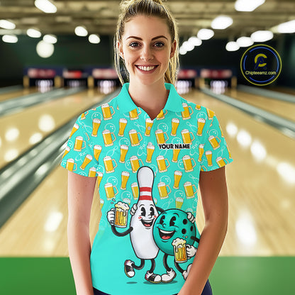 Funny Turquoise Beer Women Pattern Bowling Polo & 1/4 Quarter Zip Shirt Custom Bowling League Team Shirts NBT954